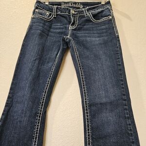 Women's Boot Daddy Blue Jeans Embellished Pockets Blue Size 7 Bling Boot Cut